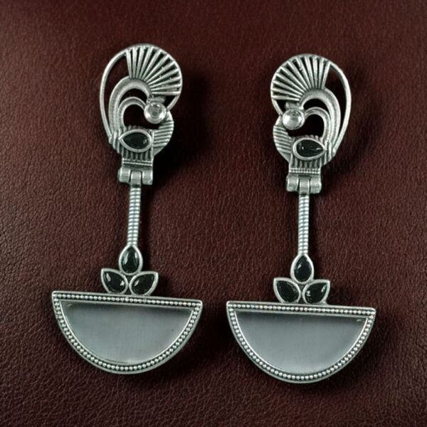 Handcrafted Ethnic Peacock Earrings | Silver Replica Stone Dangler Best Jewelry - "Black-Grey"