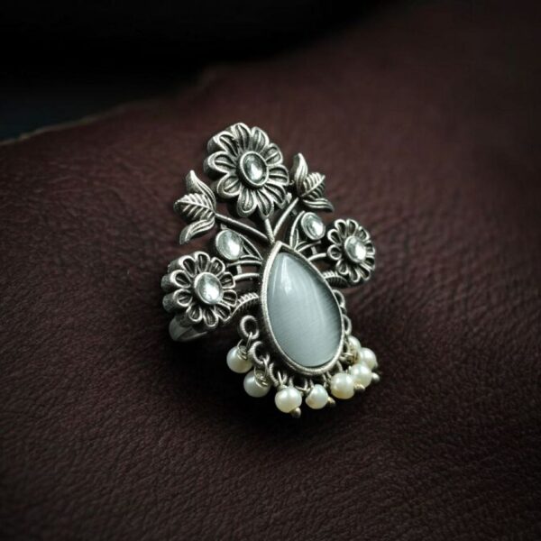 Traditional Flower Design Ring | Silver Replica Adjustable Stone & Pearl Work Best Jewelry - Grey"