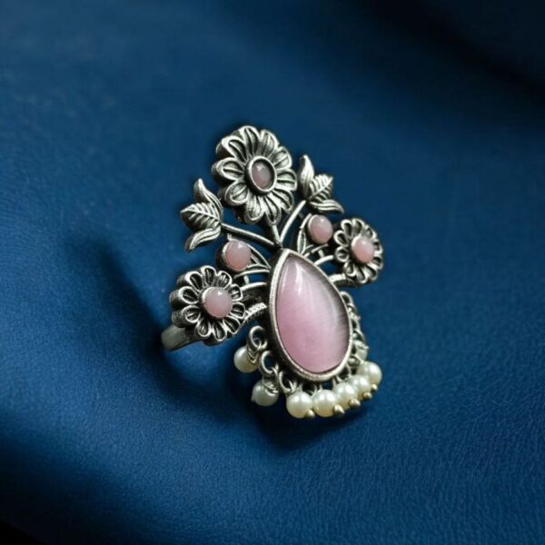 Traditional Flower Design Ring | Silver Replica Adjustable Stone & Pearl Work Best Jewelry - "Baby Pink"