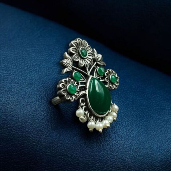 Traditional Flower Design Ring | Silver Replica Adjustable Stone & Pearl Work Best Jewelry - "Green"