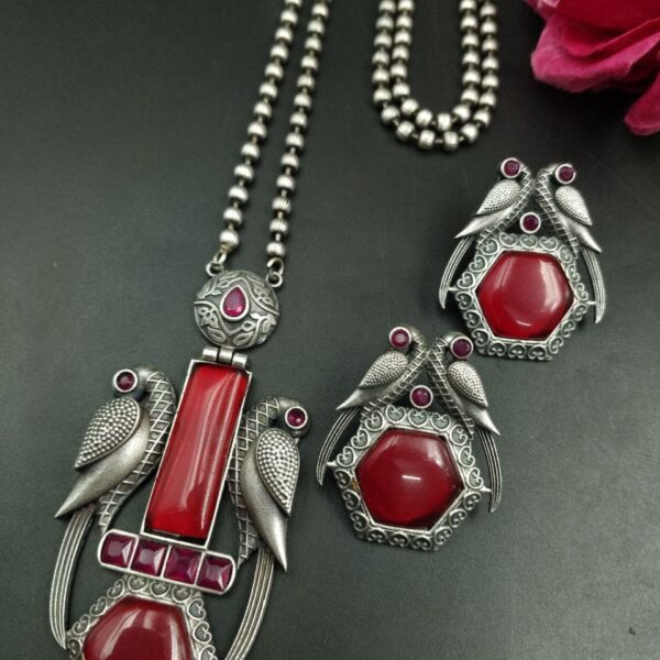 Traditional Parrot Design Necklace Set | Monalisa Stone Ethnic Party Wear Best Designer Jewelry - "Red"