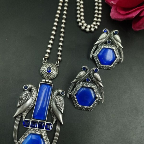 Traditional Parrot Design Necklace Set | Monalisa Stone Ethnic Party Wear Best Designer Jewelry - "Blue"