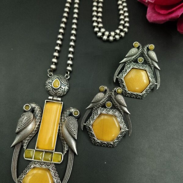 Traditional Parrot Design Necklace Set | Monalisa Stone Ethnic Party Wear Best Designer Jewelry - "Yellow"