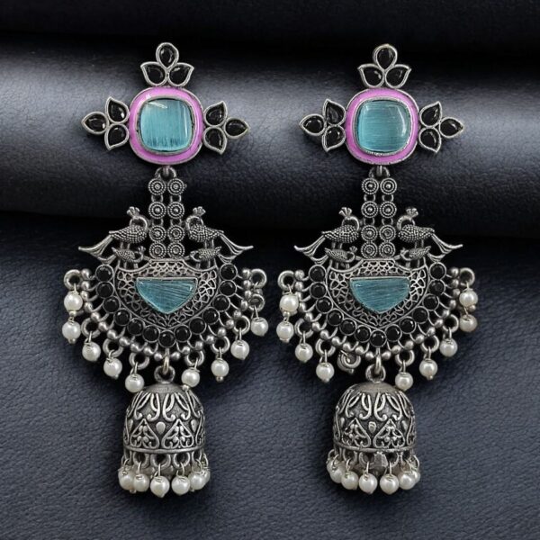 Traditional Long Jhumki Earrings | Meenakari Silver Replica Stone & Pearl Work Beautiful Jewelry For Women - "Aqua-Baby Pink"