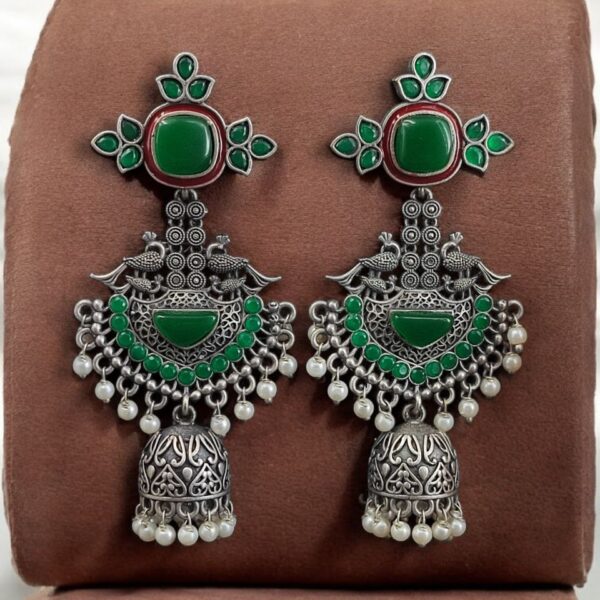 Traditional Long Jhumki Earrings | Meenakari Silver Replica Stone & Pearl Work Beautiful Jewelry For Women - "Green-Red"