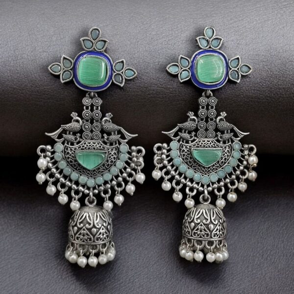 Traditional Long Jhumki Earrings | Meenakari Silver Replica Stone & Pearl Work Beautiful Jewelry For Women - "Mint-Blue"
