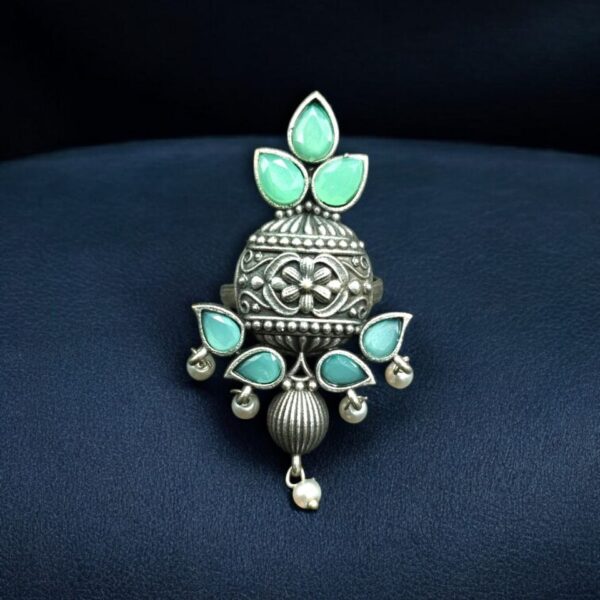 Elegant Silver Replica Adjustable Ring | Stone & Pearl Work Unique Design Jewelry - "Mint"