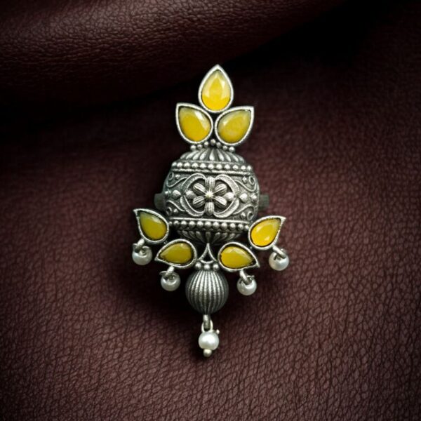 Elegant Silver Replica Adjustable Ring | Stone & Pearl Work Unique Design Jewelry - "Yellow"
