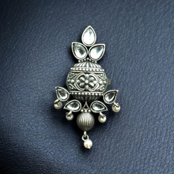 Elegant Silver Replica Adjustable Ring | Stone & Pearl Work Unique Design Jewelry - "White"