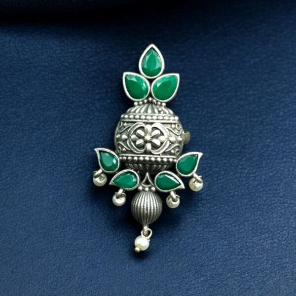 Elegant Silver Replica Adjustable Ring | Stone & Pearl Work Unique Design Jewelry - "Green"