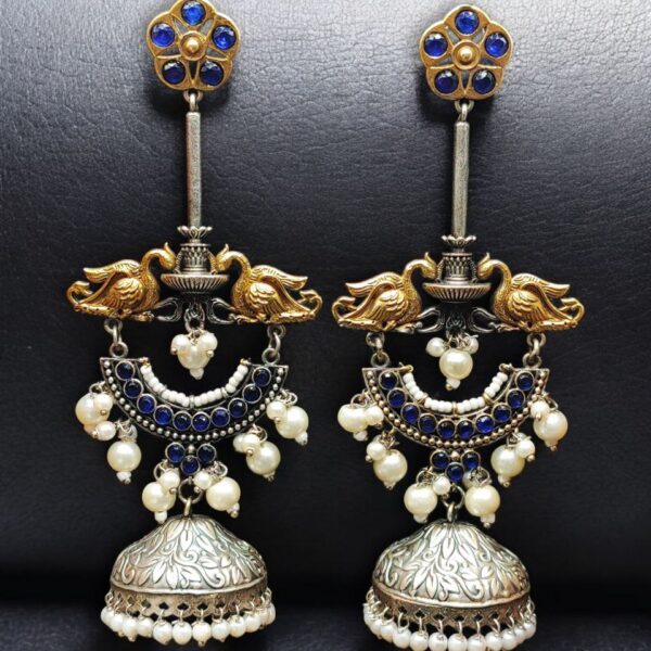 Designer Two-Tone Jhumka Earrings | Bird Design Pearl & Stone Work Beautiful Jewelry For Women - "Blue"