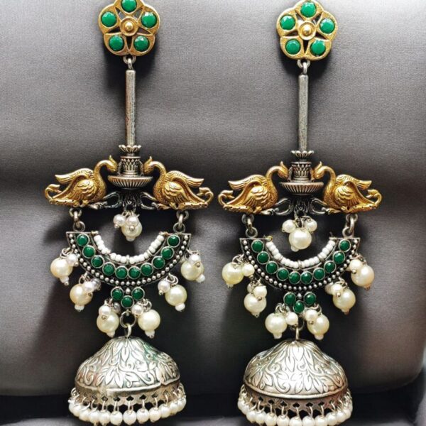 Designer Two-Tone Jhumka Earrings | Bird Design Pearl & Stone Work Beautiful Jewelry For Women - "Green"