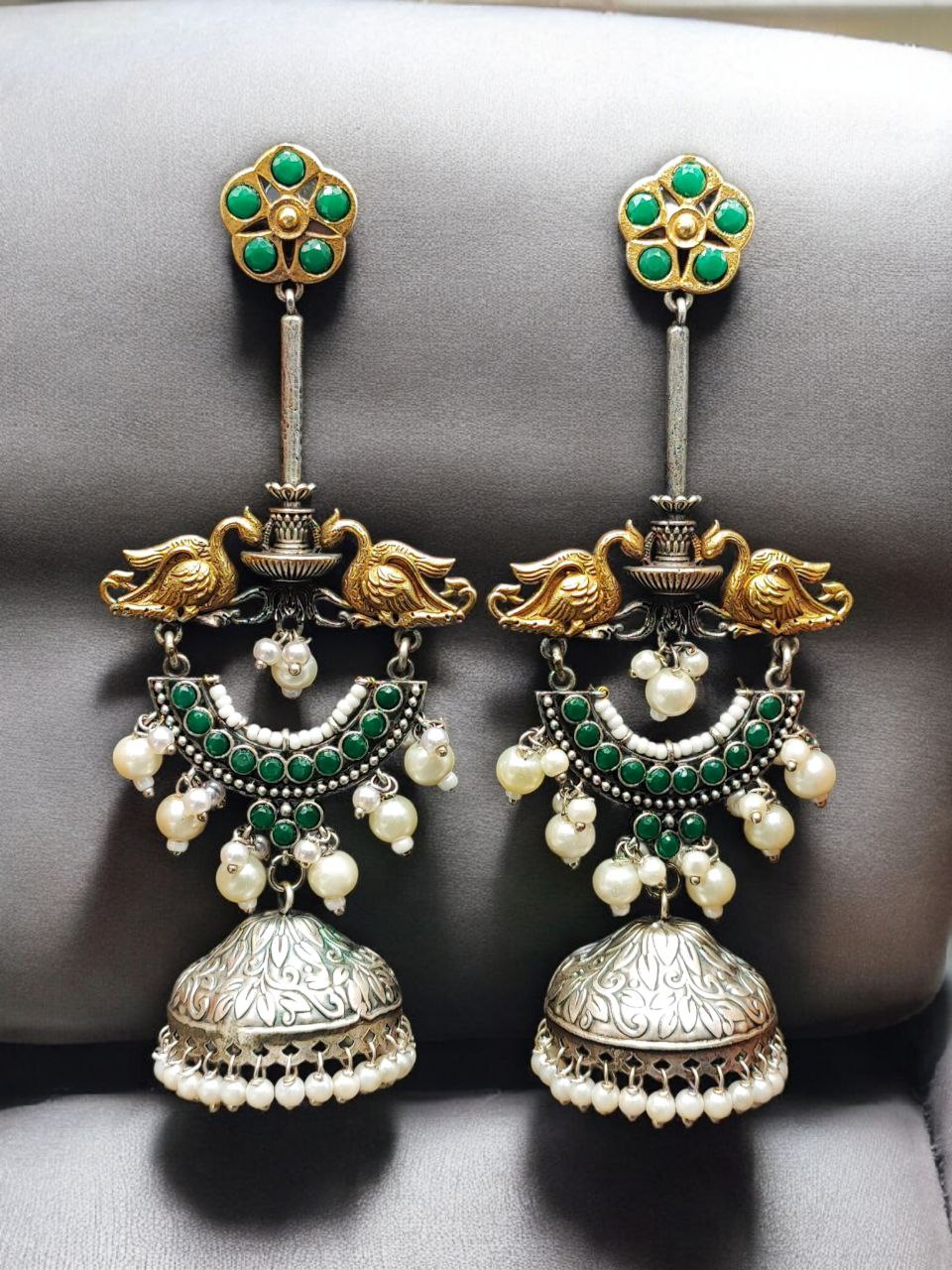 Designer Two-Tone Jhumka Earrings | Bird Design Pearl & Stone Work Beautiful Jewelry For Women - Image 7