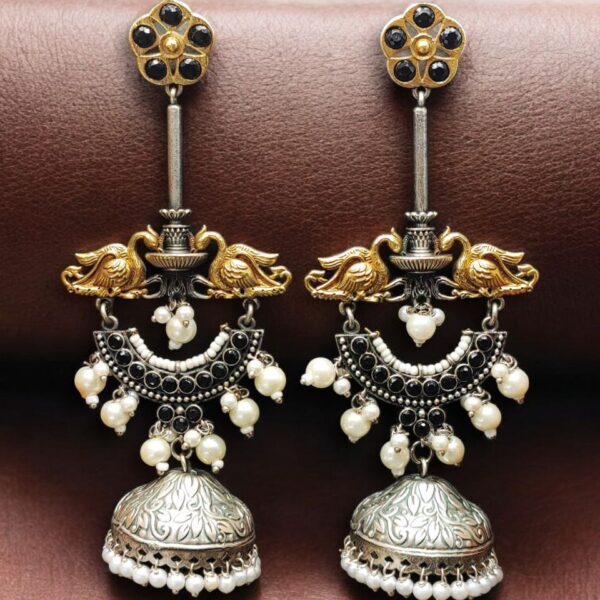Designer Two-Tone Jhumka Earrings | Bird Design Pearl & Stone Work Beautiful Jewelry For Women - "Black"
