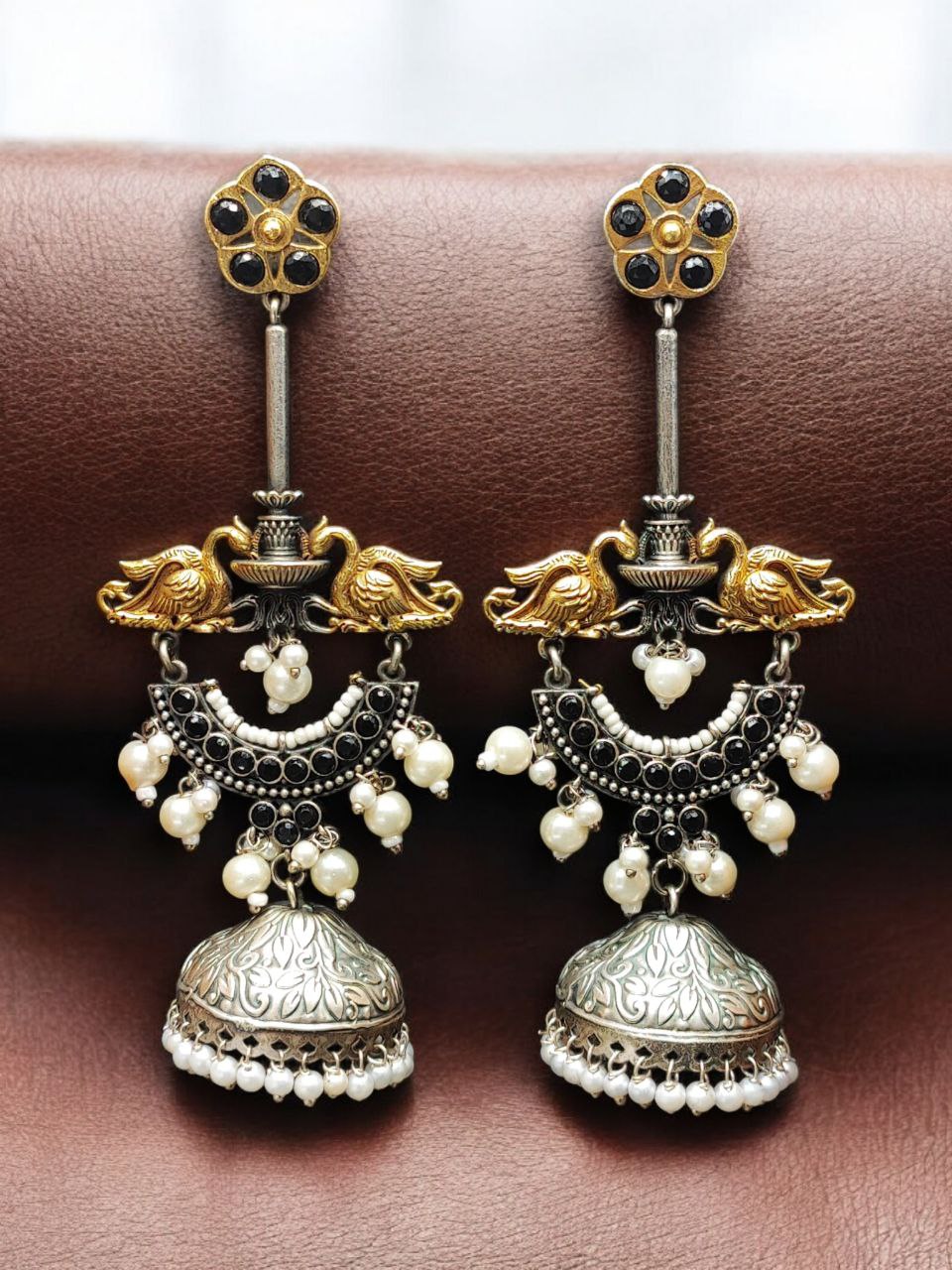 Designer Two-Tone Jhumka Earrings | Bird Design Pearl & Stone Work Beautiful Jewelry For Women - Image 10