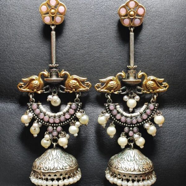 Designer Two-Tone Jhumka Earrings | Bird Design Pearl & Stone Work Beautiful Jewelry For Women - "Baby Pink"