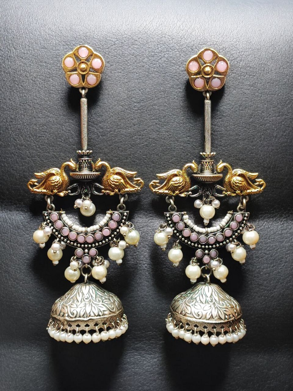 Designer Two-Tone Jhumka Earrings | Bird Design Pearl & Stone Work Beautiful Jewelry For Women - Image 6