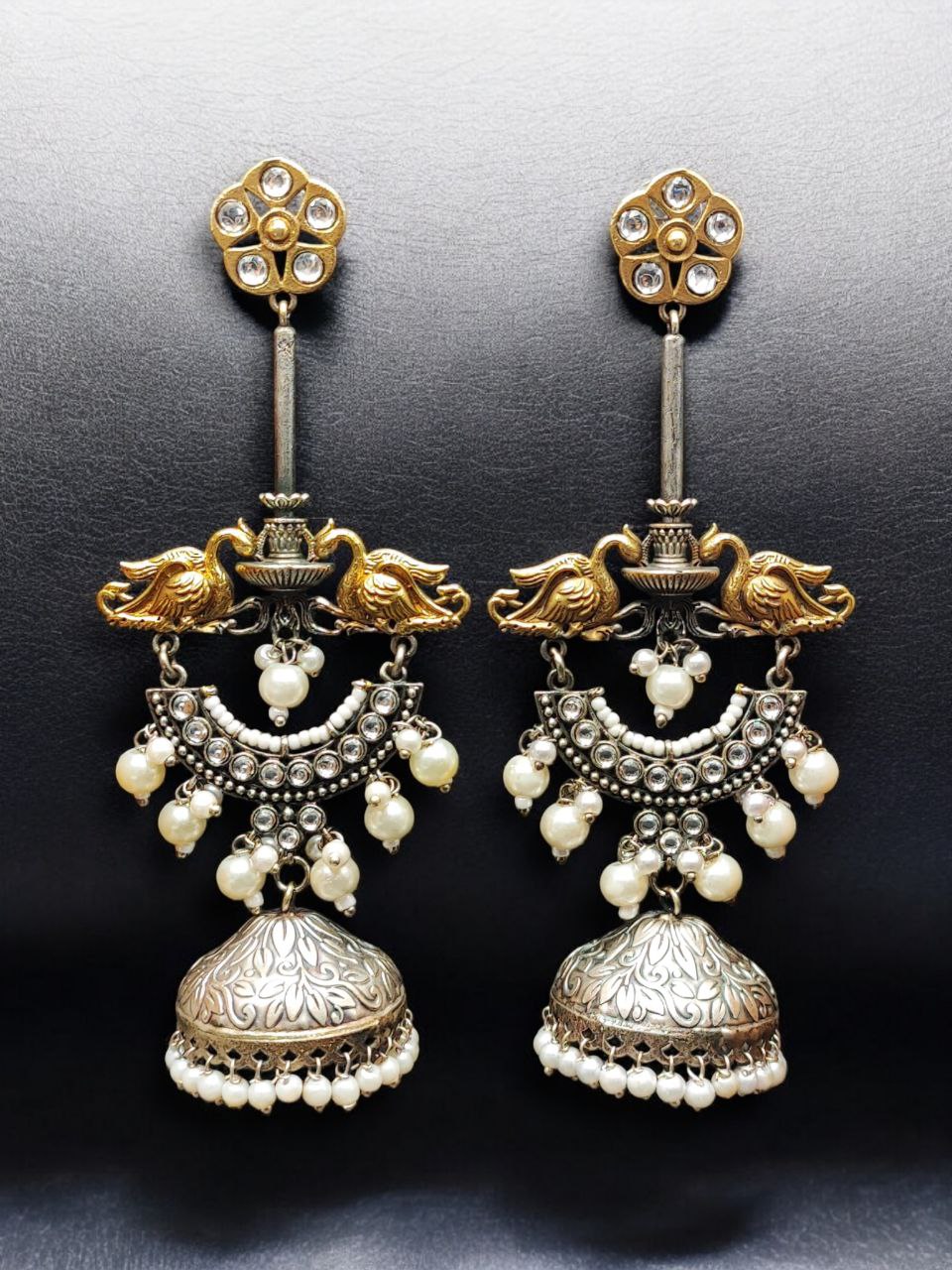 Designer Two-Tone Jhumka Earrings | Bird Design Pearl & Stone Work Beautiful Jewelry For Women - Image 5