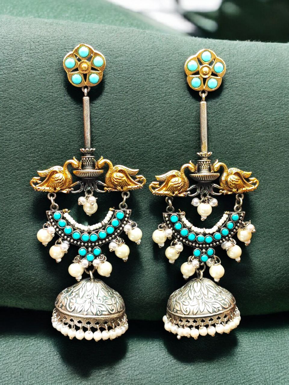 Designer Two-Tone Jhumka Earrings | Bird Design Pearl & Stone Work Beautiful Jewelry For Women - Image 9