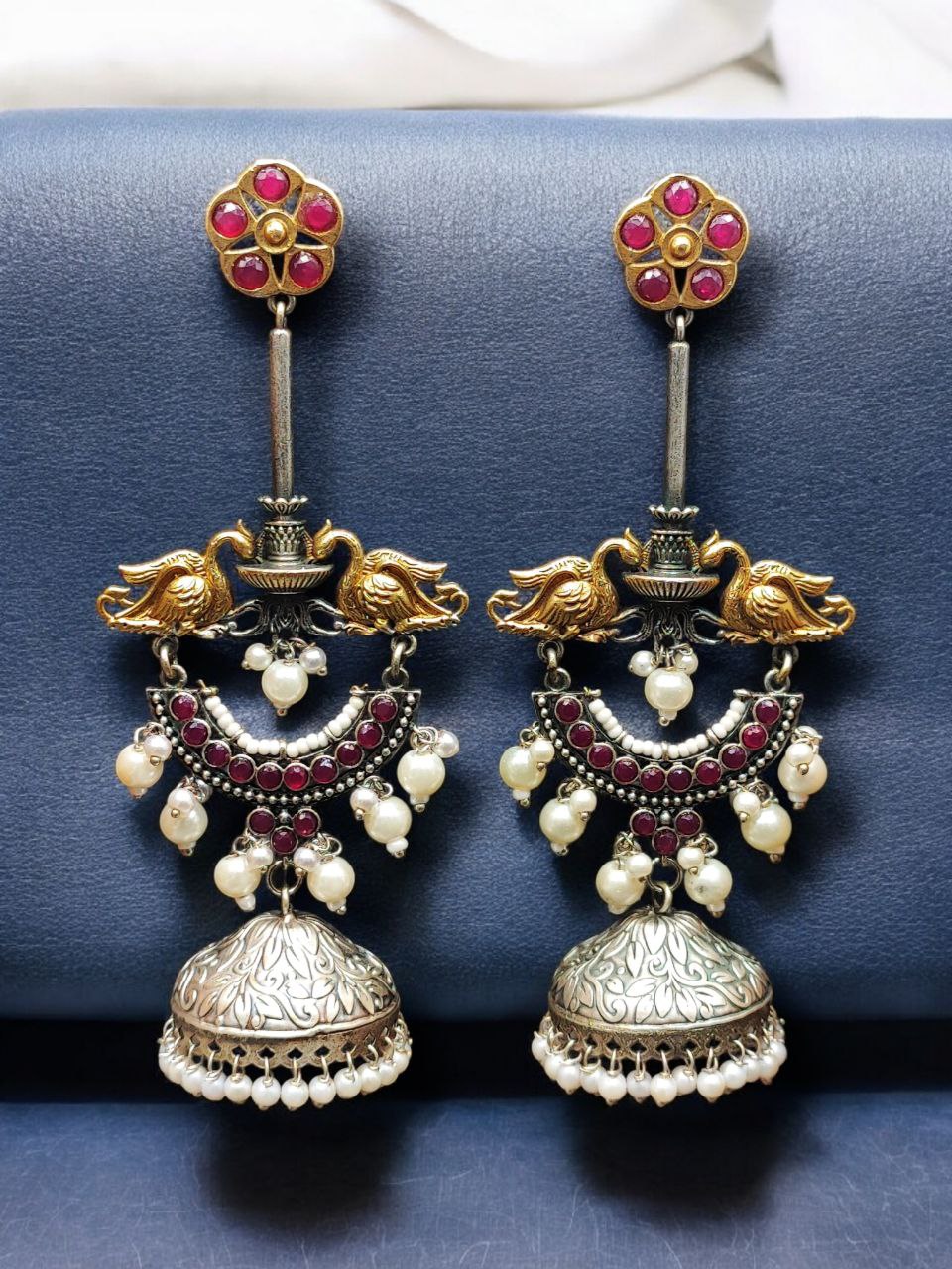 Designer Two-Tone Jhumka Earrings | Bird Design Pearl & Stone Work Beautiful Jewelry For Women - Image 4