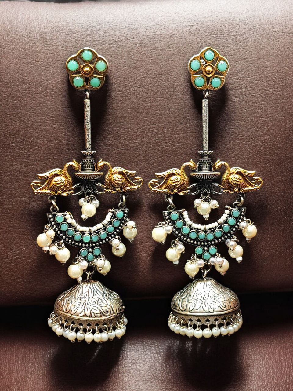 Designer Two-Tone Jhumka Earrings | Bird Design Pearl & Stone Work Beautiful Jewelry For Women - Image 3