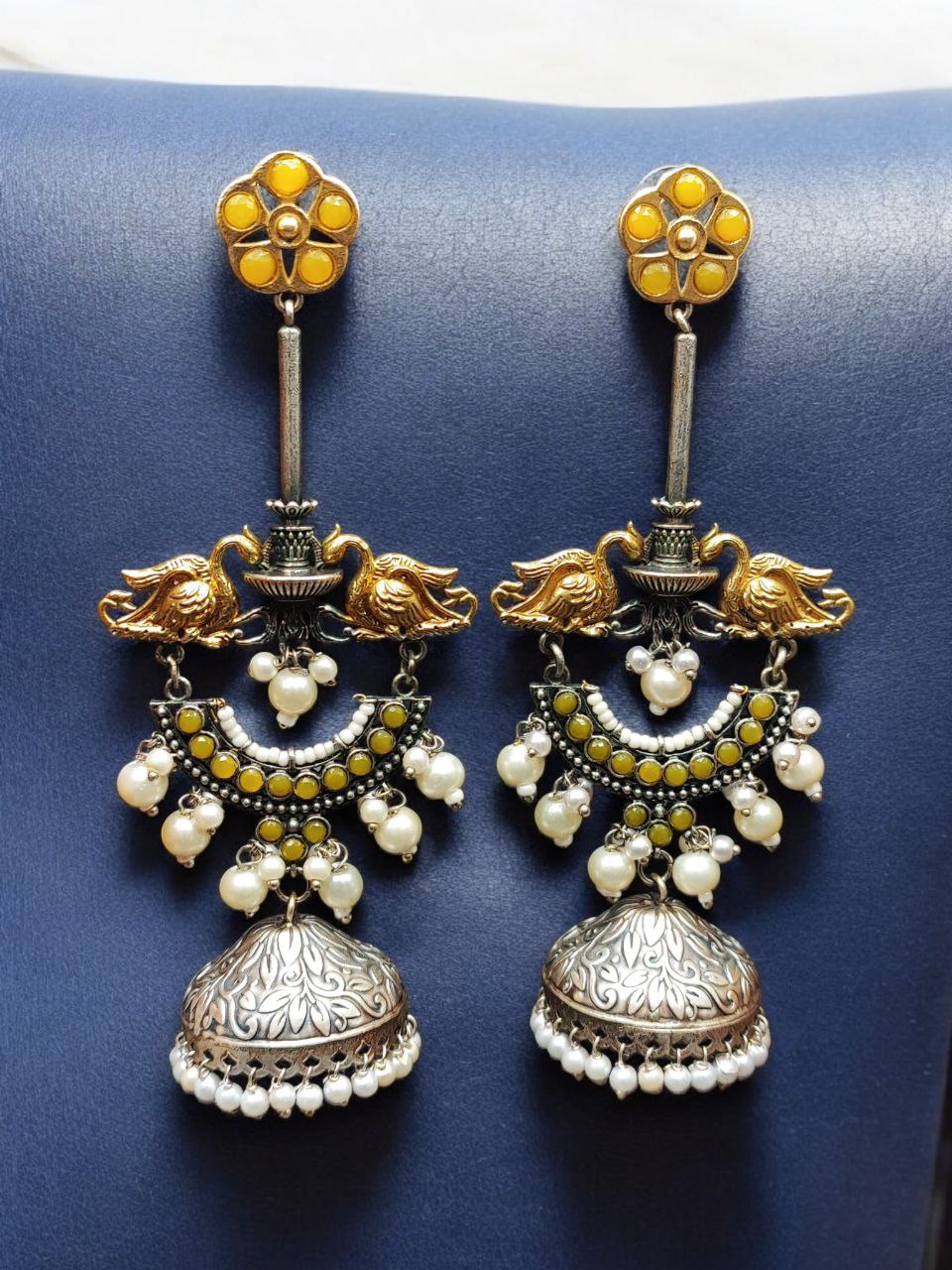 Designer Two-Tone Jhumka Earrings | Bird Design Pearl & Stone Work Beautiful Jewelry For Women - Image 2