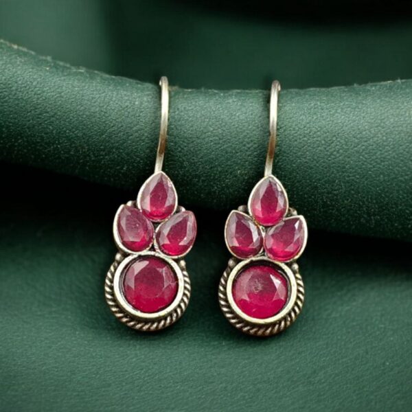 Traditional Silver Replica Hook Earrings | Stone Work Best Daily Wear Jewelry For Girls - "Red"