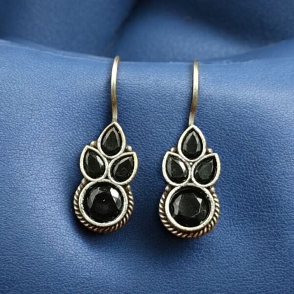 Traditional Silver Replica Hook Earrings | Stone Work Best Daily Wear Jewelry For Girls - "Black"