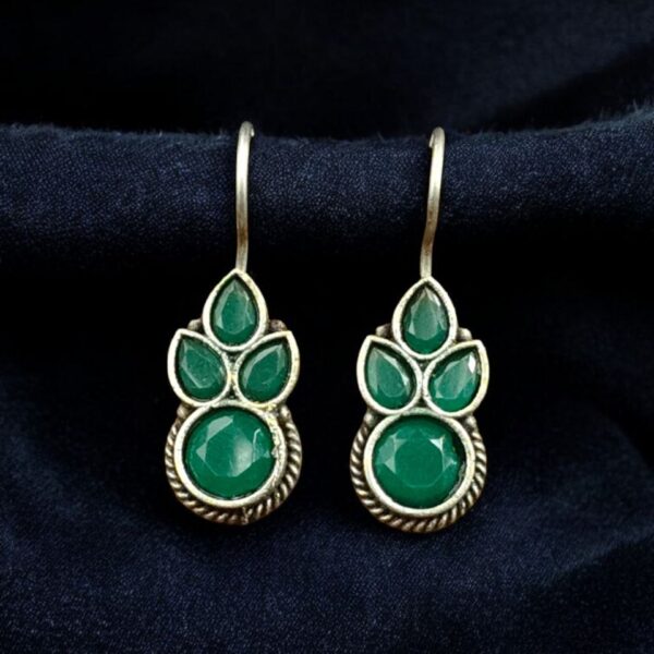 Traditional Silver Replica Hook Earrings | Stone Work Best Daily Wear Jewelry For Girls - "Green"
