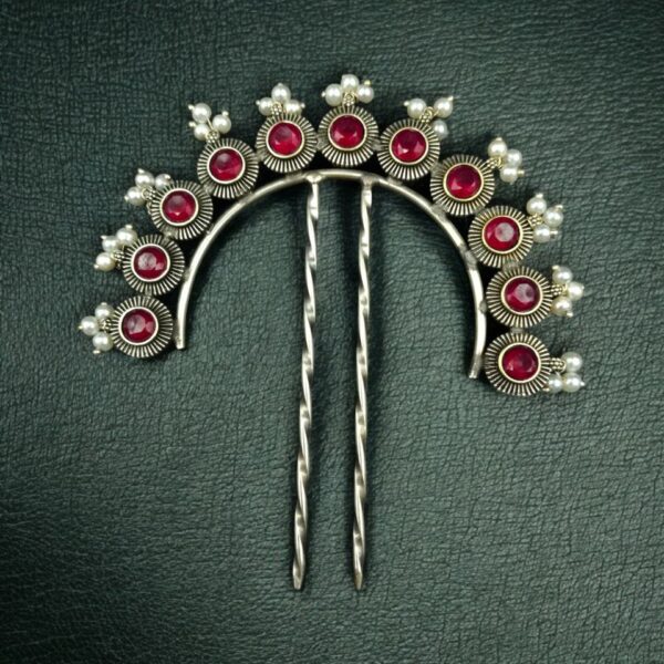 Designer Oxidized Juda Pin with Stone & Pearl Work | Unique Hair Accessory - "Red"