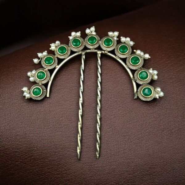 Designer Oxidized Juda Pin with Stone & Pearl Work | Unique Hair Accessory - "Green"