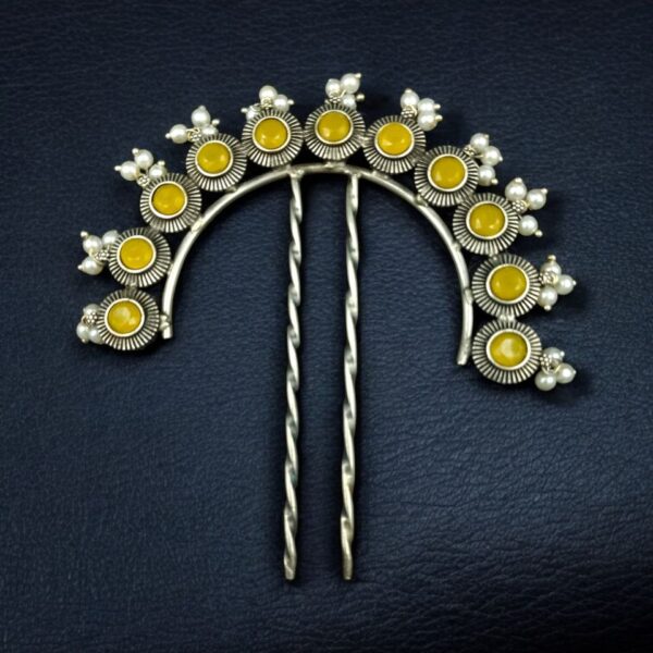 Designer Oxidized Juda Pin with Stone & Pearl Work | Unique Hair Accessory - "Yellow"