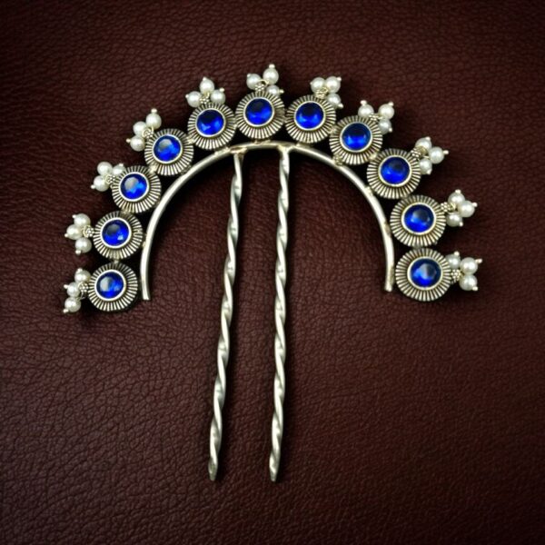 Designer Oxidized Juda Pin with Stone & Pearl Work | Unique Hair Accessory - "Blue"