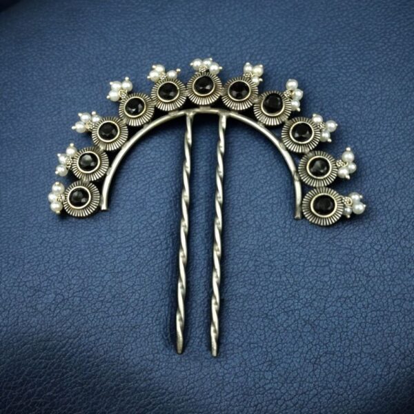 Designer Oxidized Juda Pin with Stone & Pearl Work | Unique Hair Accessory - "Black"