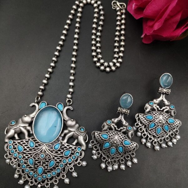 Traditional Elephant Design Necklace Set | Monalisa Stone and Pearl Work Perfect Jewelry For Girls - "Aqua"