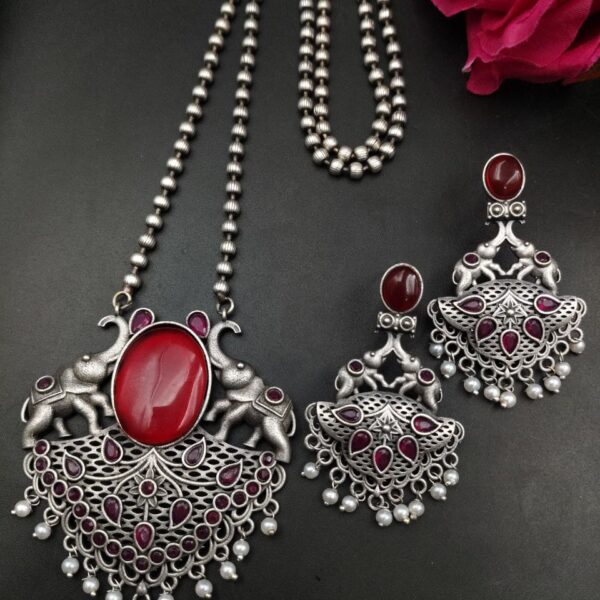 Traditional Elephant Design Necklace Set | Monalisa Stone and Pearl Work Perfect Jewelry For Girls - "Red"