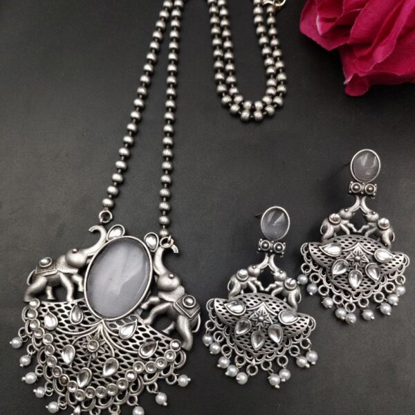 Traditional Elephant Design Necklace Set | Monalisa Stone and Pearl Work Perfect Jewelry For Girls - "Grey"