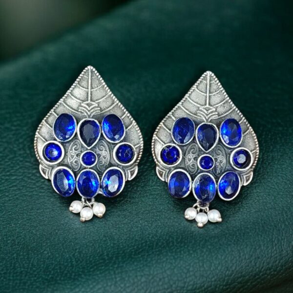 Traditional Leaf Design Earrings | Silver Replica Stone & Pearl Work Best Oxidized Jewelry - "Blue"