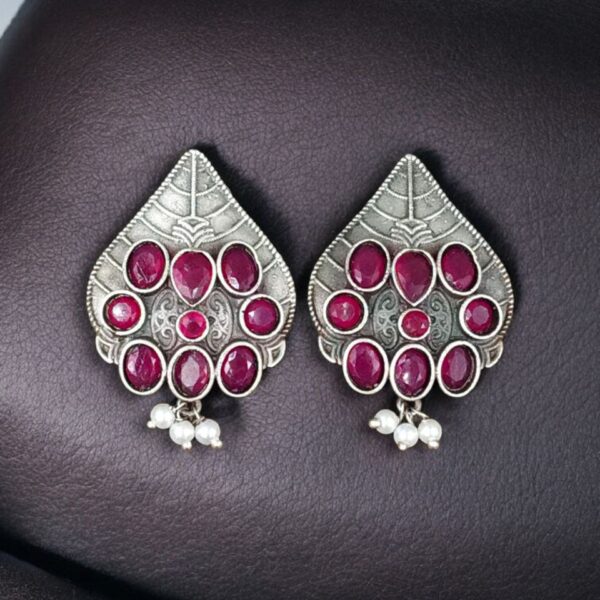 Traditional Leaf Design Earrings | Silver Replica Stone & Pearl Work Best Oxidized Jewelry - "Red"