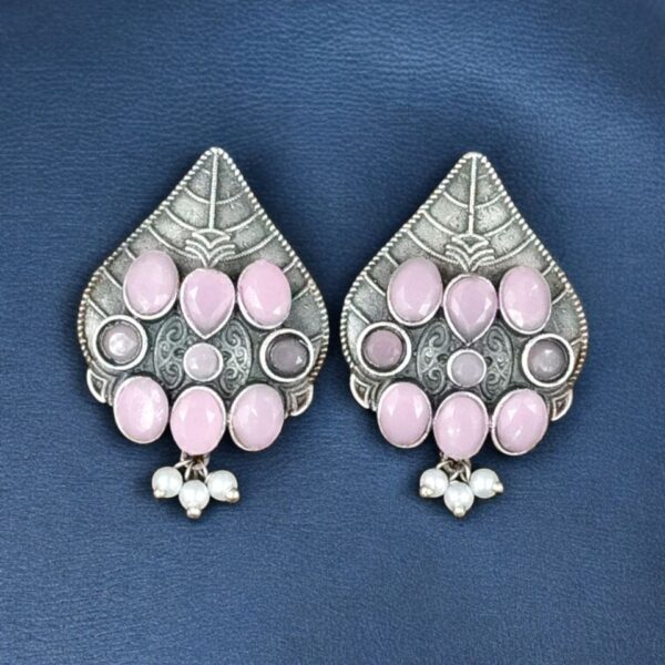 Traditional Leaf Design Earrings | Silver Replica Stone & Pearl Work Best Oxidized Jewelry - "Baby Pink"