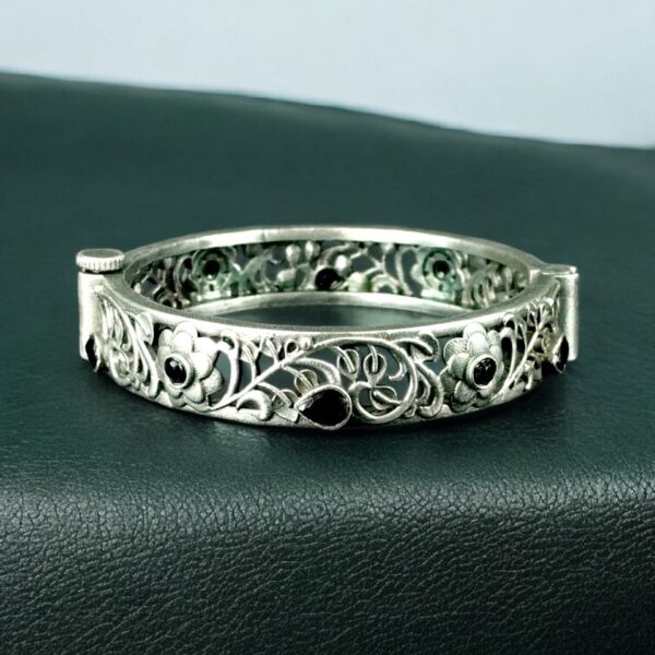 Traditional Flower Design Bangle | Stone Work Silver Replica Beautiful Openable Kada - "Black"