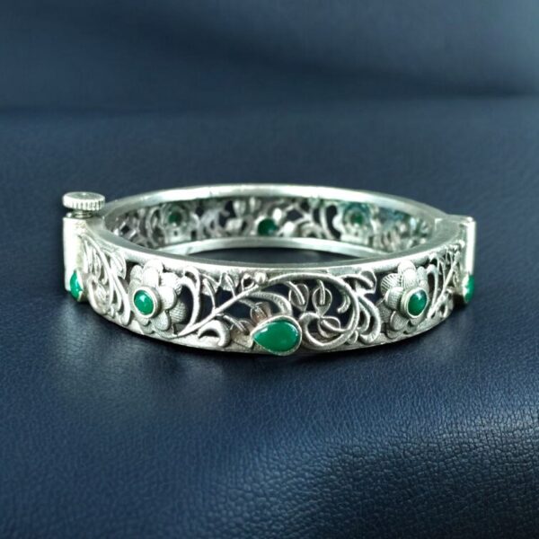 Traditional Flower Design Bangle | Stone Work Silver Replica Beautiful Openable Kada - "Green"