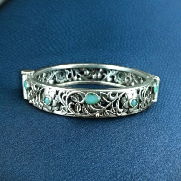 Traditional Flower Design Bangle | Stone Work Silver Replica Beautiful Openable Kada - "Mint"