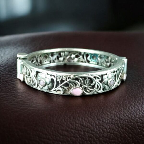 Traditional Flower Design Bangle | Stone Work Silver Replica Beautiful Openable Kada - "Baby Pink"