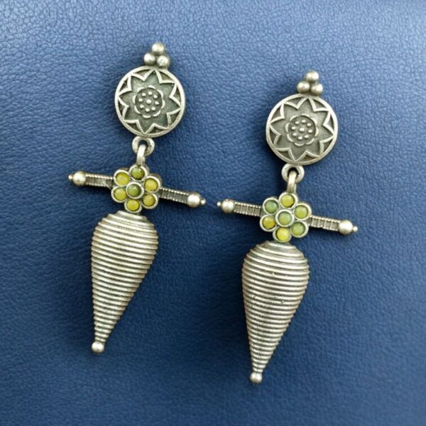 Traditional Oxidized Dangler Earrings | Unique Design Stone Work Silver Replica Jewelry - "Yellow"