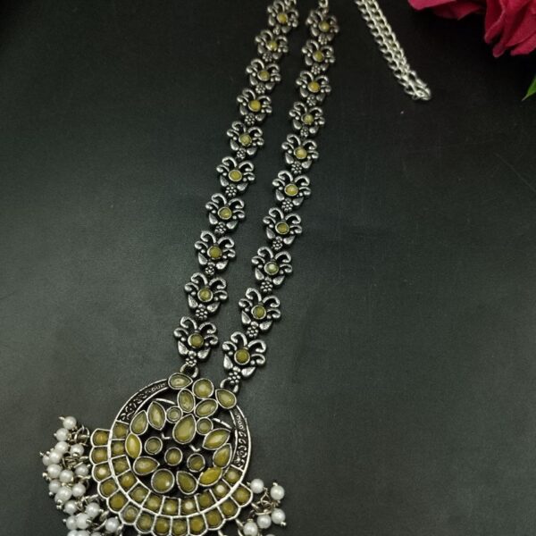 Silver Replica Oxidized Necklace | Elegant Stone & Pearl Work Perfect Look Jewelry - "Yellow"