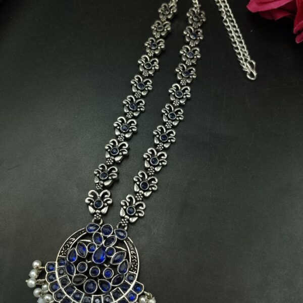 Silver Replica Oxidized Necklace | Elegant Stone & Pearl Work Perfect Look Jewelry - "Blue"
