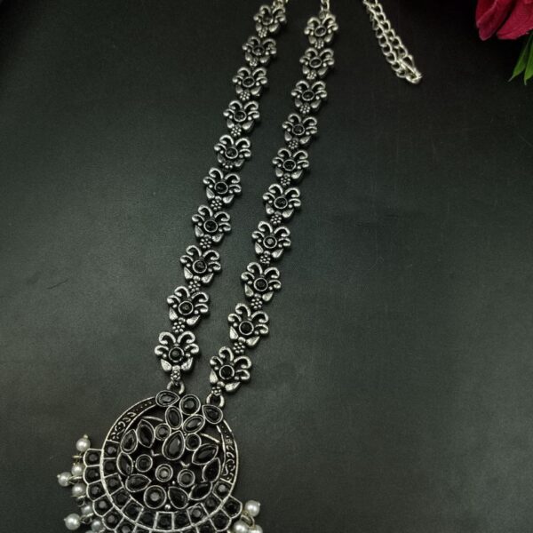 Silver Replica Oxidized Necklace | Elegant Stone & Pearl Work Perfect Look Jewelry - "Black"