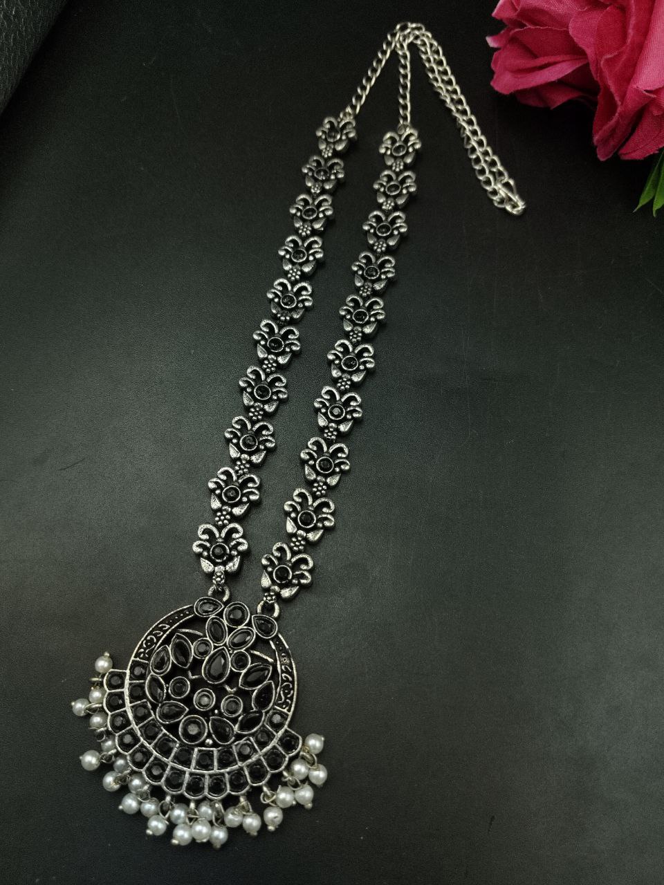 Silver Replica Oxidized Necklace | Elegant Stone & Pearl Work Perfect Look Jewelry - Image 9