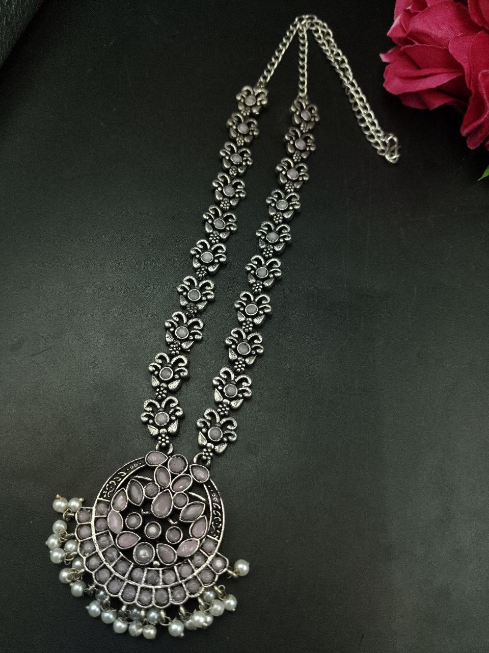 Silver Replica Oxidized Necklace | Elegant Stone & Pearl Work Perfect Look Jewelry - Image 8